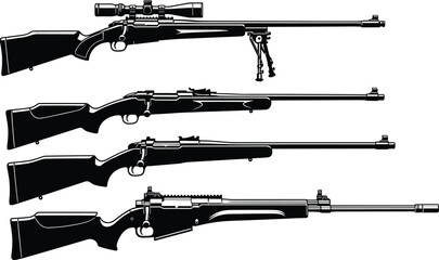 Set of tactical sniper rifle silhouettes with scopes and bipods, professional hunting weapon icons for shooting sports and military army combat design, © MdYaqub