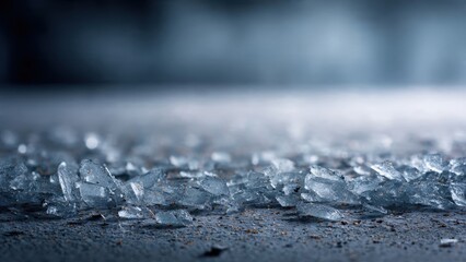 Sharp shards of broken ice on ground