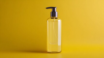 Fototapeta premium Yellow soap dispenser on vibrant background for cosmetic hygiene product branding clean minimalist composition modern design photography style