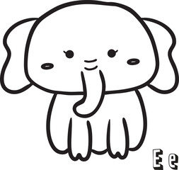 Fototapeta premium Cute Elephant Doodle Style Line Art Illustration with Letter E, for Kids Coloring Page