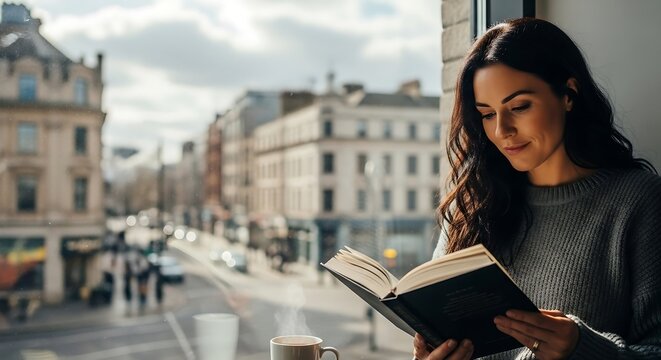 City reader enjoys book beverage warmth