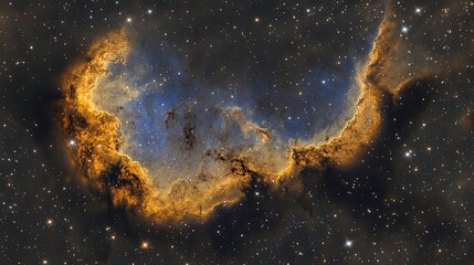 Stunning Cosmic Nebula with Bright Orange Edges and Deep Blue Background Illuminated by Distant Stars in Deep Space