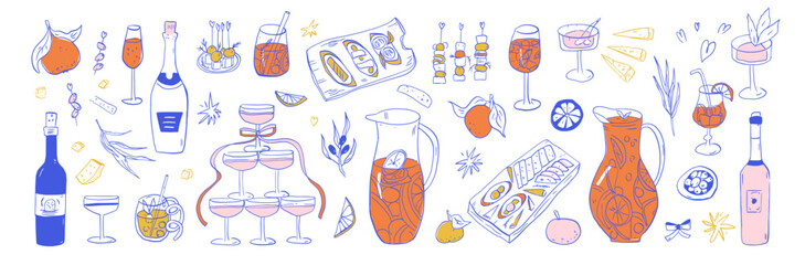 Mediterranean cocktail party hand drawn doodle set. Lemon, orange fruit mocktail, wine tasting. Sangria, limoncello glass, charcuterie illustration isolated. La dolce vita Italian, Spanish sketch.