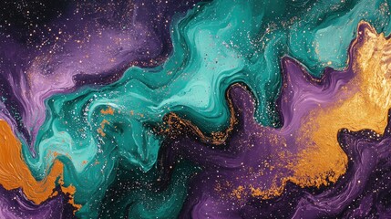 Abstract Art with Teal, Purple, Gold and Green Swirls and Sparkles in Fluid Design