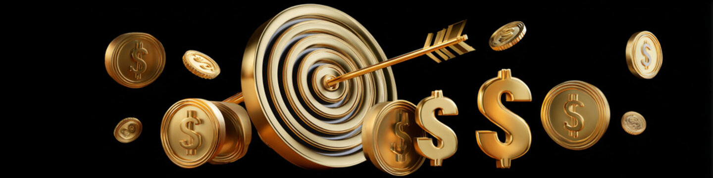 A gold target with an arrow hits the mark surrounded by coins and dollar signs on a black background