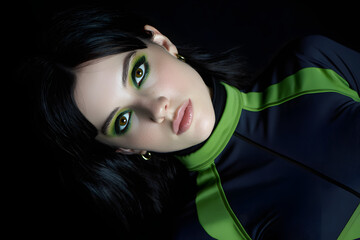 This striking portrait features a woman, a captivating model, showcasing bold green eyeshadow on her expressive eyes. Her dark hair and sophisticated makeup create a powerful beauty statement, embodyi