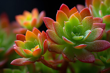 A captivating macro shot reveals a vibrant succulent plant, its colorful green, red, and orange leaves glistening with fresh water dew droplets, showcasing nature's intricate beauty.