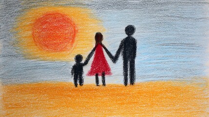 Childlike drawing of a happy family, mother, father, and kid in kids style, hand drawn na&iuml;ve doodle illustration with crayon, chalk, or colored pencil texture