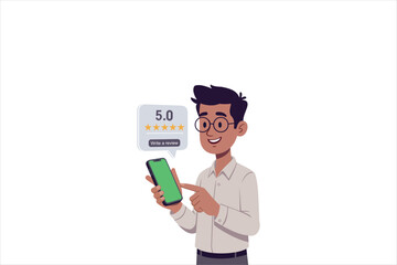 Illustration of a happy man holding a smartphone with five star rating and review notification. Flat vector design representing customer feedback, online rating, and digital satisfaction. Vector.