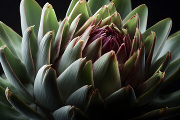 A captivating close-up of a beautiful Protea flower, showcasing its vibrant green and purple petals in intricate layers, a true botanical marvel of nature's bloom.