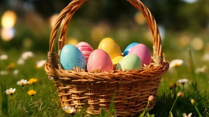 Basket with painted easter eggs in fresh green grass, easter egg hunt game theme. Colored eggs in green grass to grab and collect, leisure game on holidays. The religious celebration of Easter. - Powered by Adobe