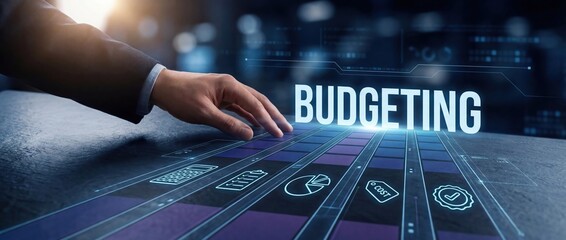 Budgeting Concept with Hand Touching Digital Interface and Financial Icons
