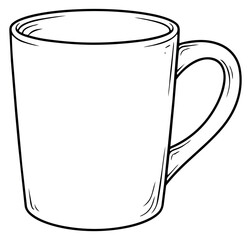 Hand drawn line art illustration of a coffee mug depicting an empty cup for kitchenware designs