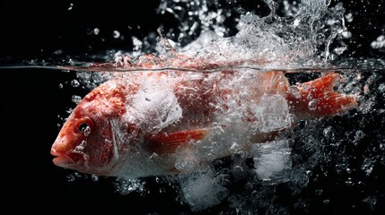 Dramatic underwater shot of fish splashing water for culinary or seafood freshness product marketing