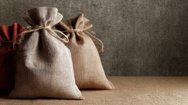 Pair of burlap sacks with tied string on rustic surface for organic packaging or agriculture concept