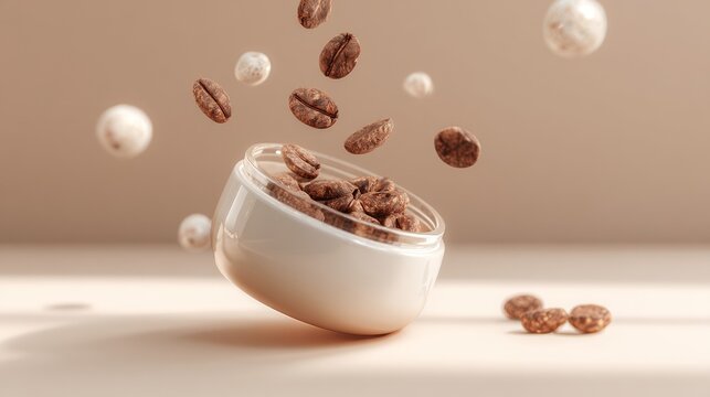 Coffee beans and skincare cream levitating in air on beige background, cosmetic and caffeine concept