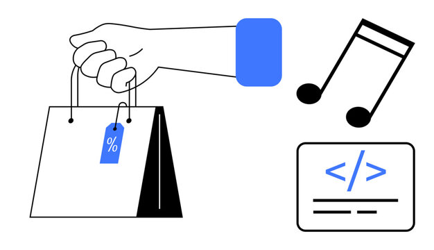Online shopping, digital downloads, programming tools, software development, e-commerce platforms, creative media. Shopping bag, music note and code symbol. E-commerce and digital downloads concept