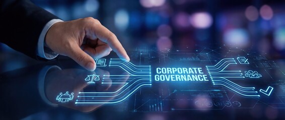 Corporate Governance: Businessman touching virtual button, ethics, compliance, and responsibility on futuristic interface.