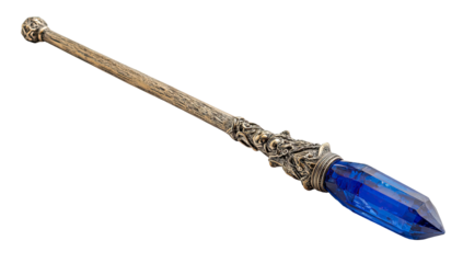 Ornate Silver Wand with Blue Crystal Tip Detailed Fantasy Magic Staff Isolated on Transparent Background