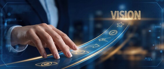 Vision: Businessman activating virtual button, future, innovation and business goal on futuristic interface.