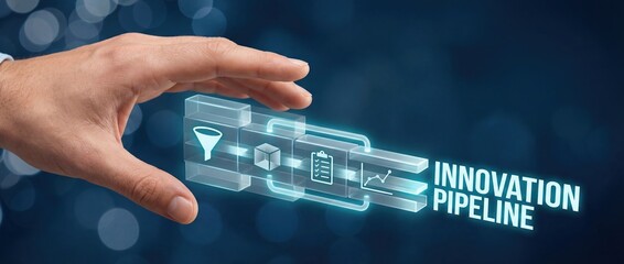 Innovation Pipeline Concept: Hand Interacting with Digital Workflow Icons