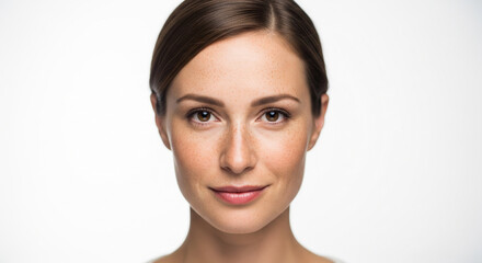 Fototapeta premium Beautiful young woman face with freckles and brown eyes. Close up portrait of a smiling female model with natural skin isolated on white.