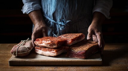 Chef preparing raw steak on wooden board in rustic kitchen for professional culinary concept