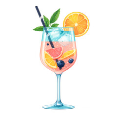 Refreshing Pink Summer Cocktail With Orange Slices Grapefruit Blueberries Mint And Ice In Elegant Glass