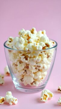Freshly popped popcorn overflowing a glass bowl on a solid pink background, perfect for a movie night or snacking concept