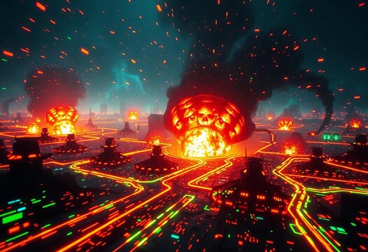 Abstract digital battlefield with glowing data streams and destructive effects, network, danger - Powered by Adobe