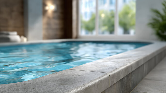 Indoor swimming pool with blue water and large windows luxury spa and fitness club interior