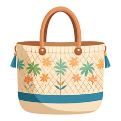 Handcrafted Woven Straw Beach Tote Bag Featuring Tropical Floral Embroidery With Blue Tassels And Handles