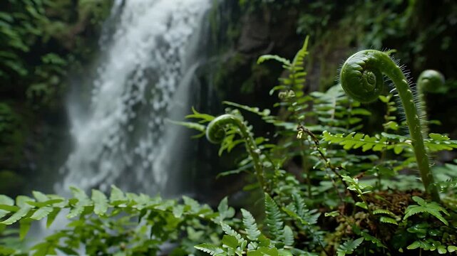 Lush forest foreground with coiled fern fiddlehead beside a cascading waterfall