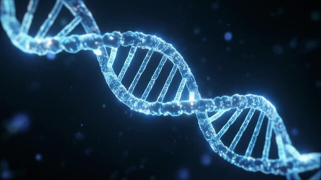 "Glowing blue DNA double helix in a dark digital space."