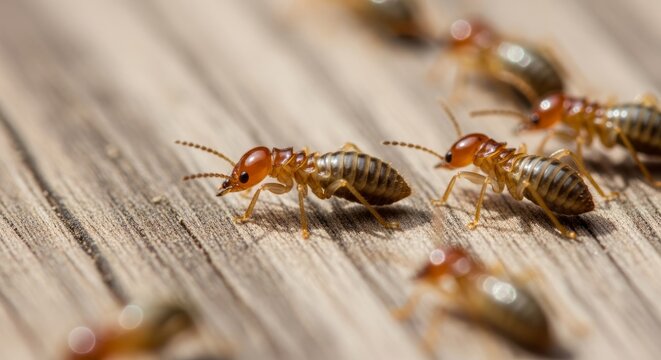 Isoptera termites crawling on wood surface, showing soft bodies and social insect behavior. A wood feeding insect group important in decomposition and ecosystem balance.