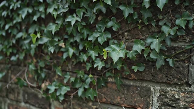 Lush ivy creeping across a weathered brick wall with dark green leaves and mortar lines