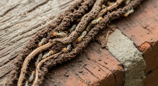Isoptera termites crawling on wood surface, showing soft bodies and social insect behavior. A wood feeding insect group important in decomposition and ecosystem balance.