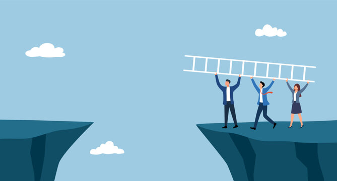 Business team using ladder to cross through the gap between hill. Business Teamwork, risk and success concept vector illustration.
