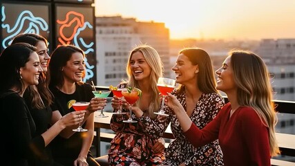 Group of happy women toasting with colorful cocktails at a rooftop bar during sunset, celebrating friendship and good times.