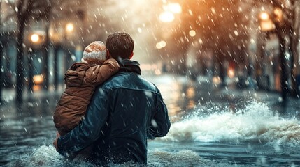 Parent and Child Walking Through Flooded Street in Rainy Weather, Emphasizing Resilience and Love