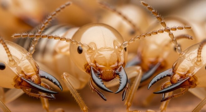 Isoptera termites crawling on wood surface, showing soft bodies and social insect behavior. A wood feeding insect group important in decomposition and ecosystem balance.