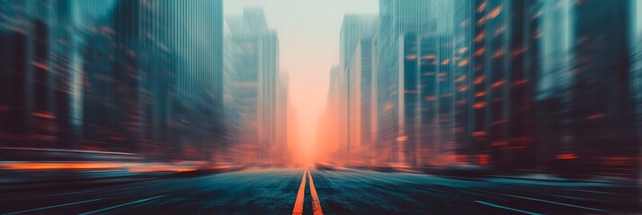 A futuristic urban scene with blurred skyscrapers and a glowing horizon, creating a sense of motion and depth in a cityscape.