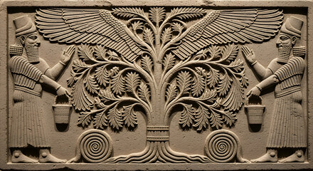 A stone relief carving from ancient Mesopotamia depicts an Assyrian figure holding a bucket on either side of a winged Tree of Life