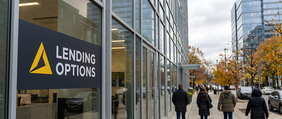 modern office building with a "LENDING OPTIONS" sign on the glass facade.