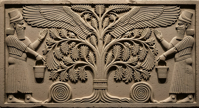 A stone relief carving from ancient Mesopotamia depicts an Assyrian figure holding a bucket on either side of a winged Tree of Life