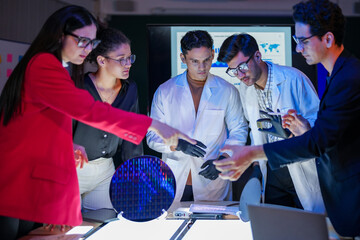 engineering research group analyzing a silicon wafer prototype. Professors and students collaborating on a microchip physics experiment in laboratory to develop future electronic technology.