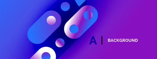 Abstract shapes, vibrant blues, purples create dynamic background. Modern design suggests technology, innovation, artificial intelligence.