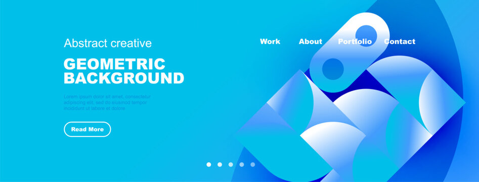 Bright blue header design. Geometric shapes, text elements, navigation menu present. Modern style, clean layout.