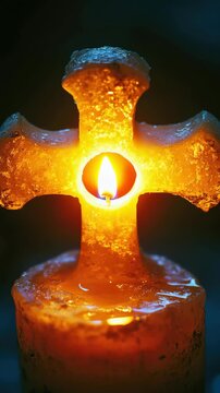 An electric cross with a lit candle in its center, evoking a sense of reverence and spirituality.