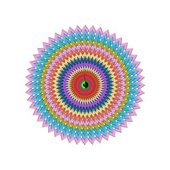 Vibrant multicolored circular pattern with concentric rings and geometric shapes